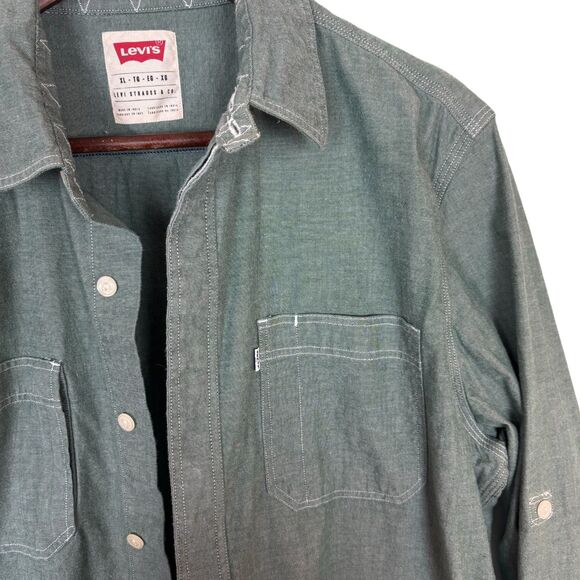 Levi's Slim Fit Green Long Sleeve Roll Tab Button Front Shirt Men's XL - Picture 2 of 6
